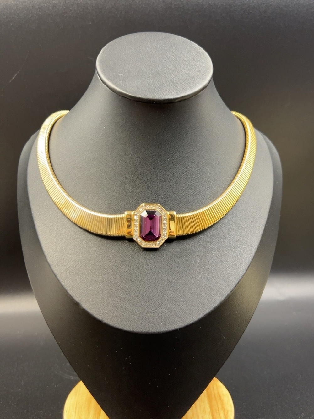 Vintage Givenchy Purple Rhinestone Gold Tone Omega Collar Necklace Signed